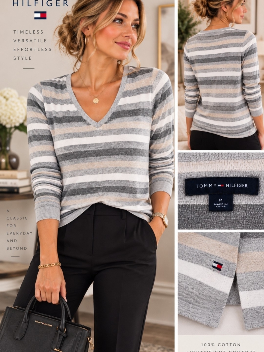 Tommy Hilfiger 100% Cotton Striped V-Neck Sweater Gray Oatmeal Cream White M